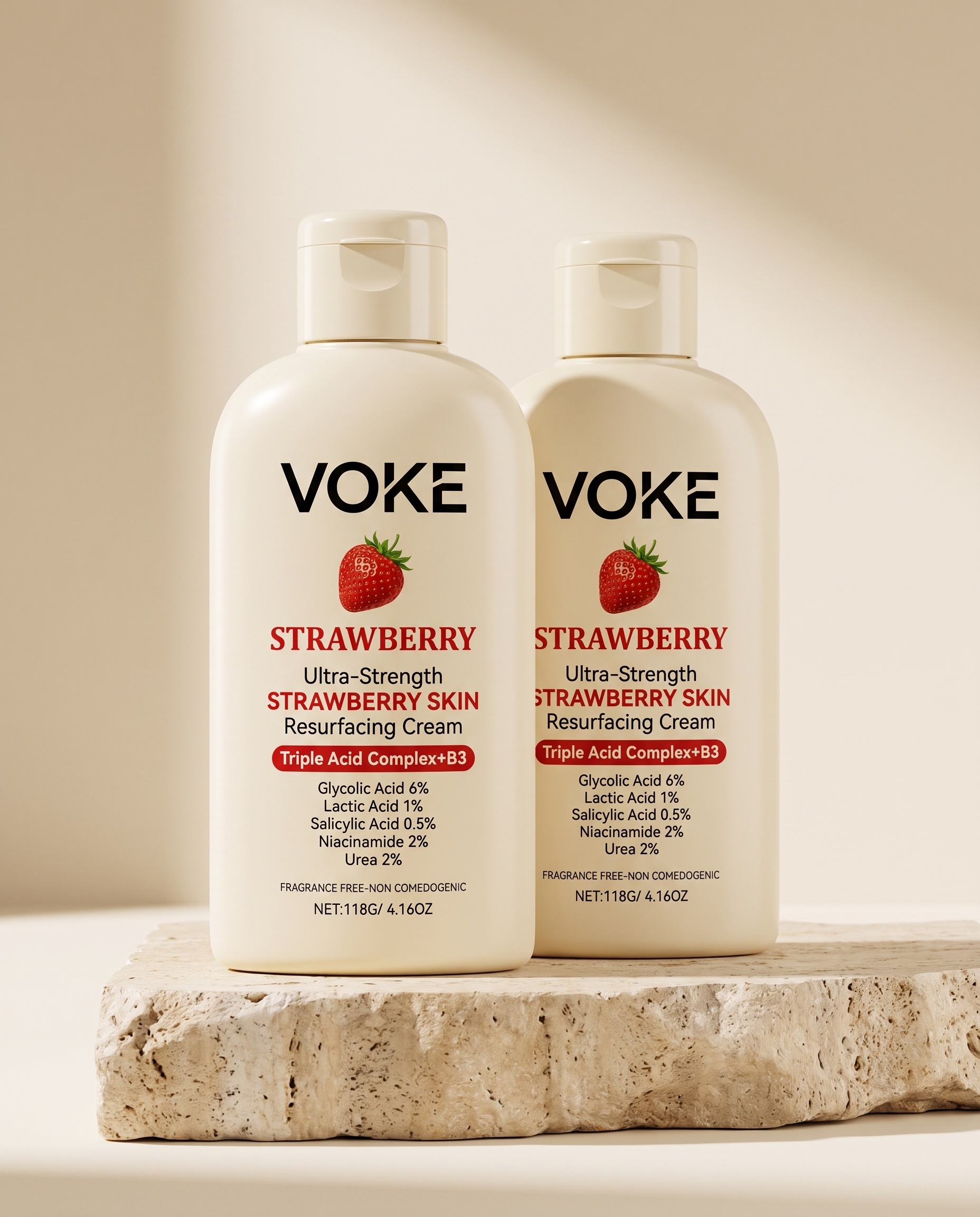 VOKE Strawberry Skin Resurfacing Cream — two bottles on stone