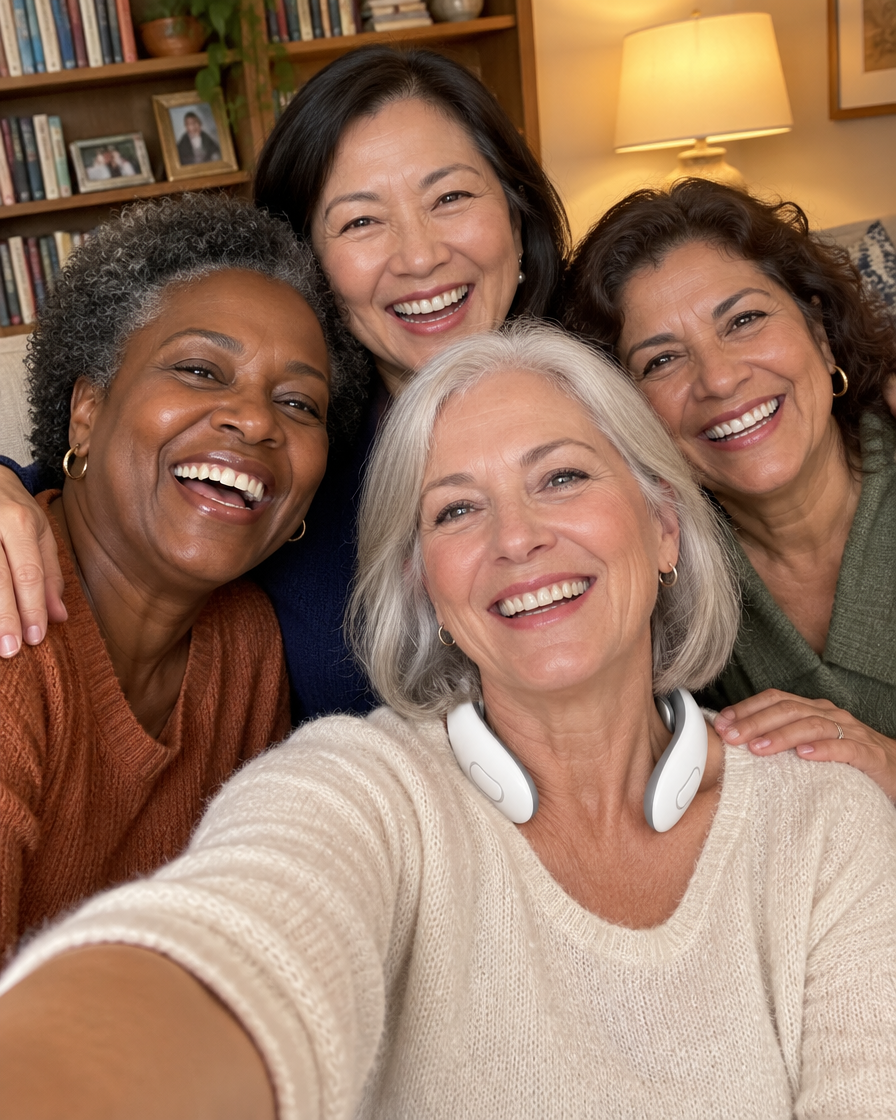 Four friends taking a selfie, one wearing VOKE Neck Flow