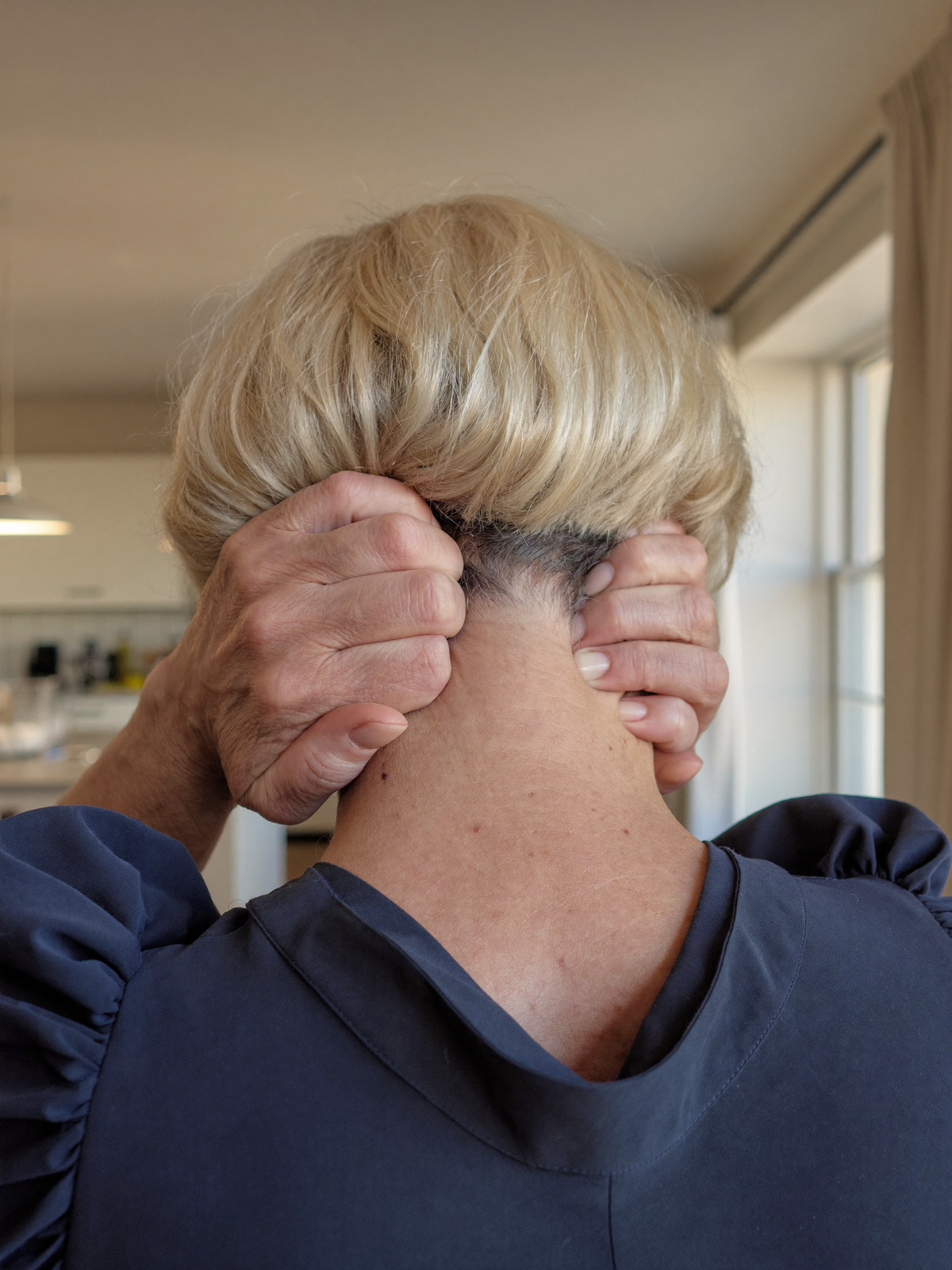 Woman pressing the base of her skull
