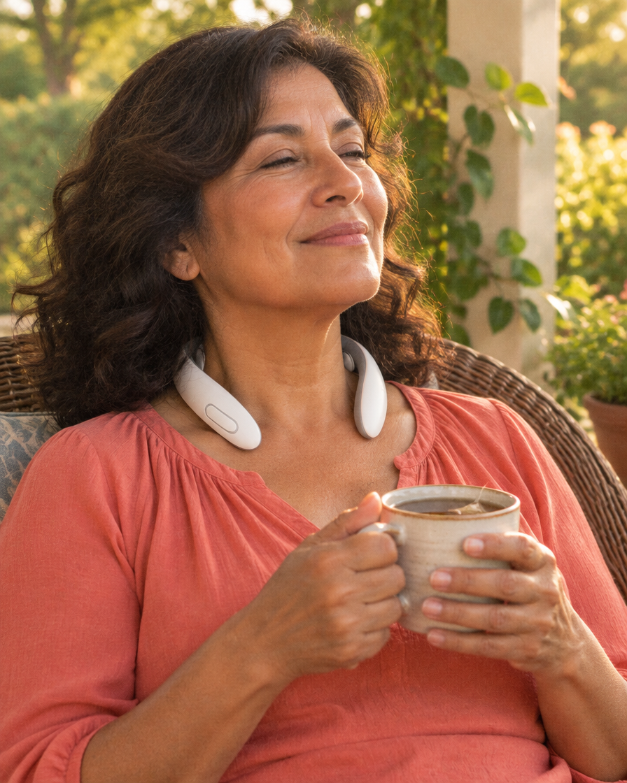 Woman on the porch wearing VOKE Neck Flow